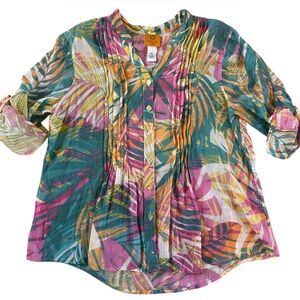 Ruby Rd Tropical Print Button Front Blouse Pink Teal Resort Top PL